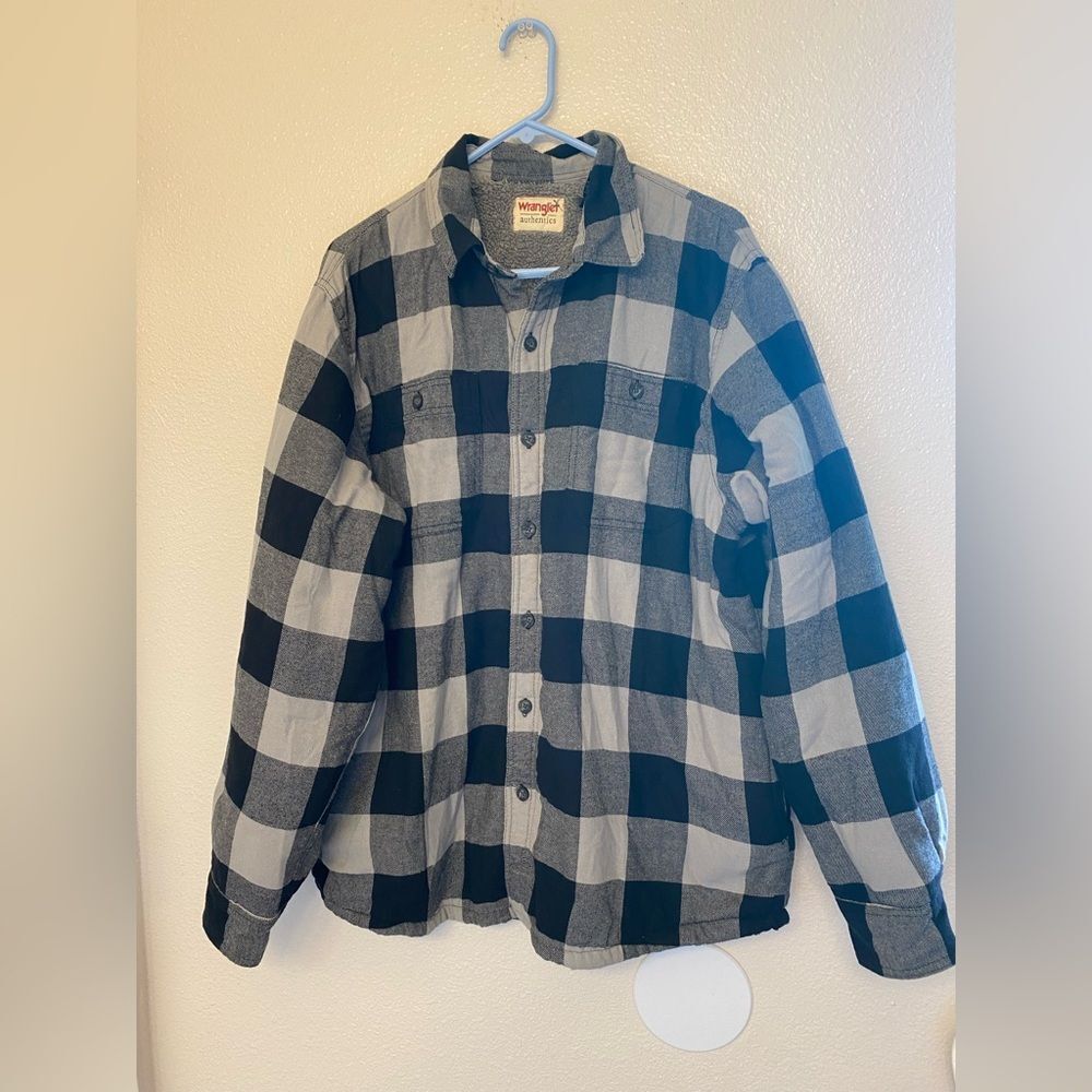Wrangler Authentic Long Sleeve sherpa Lined Flannel Shirt Jacket buffalo plaid L